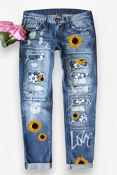 Spot Hole Mid-Waist Straight Jeans